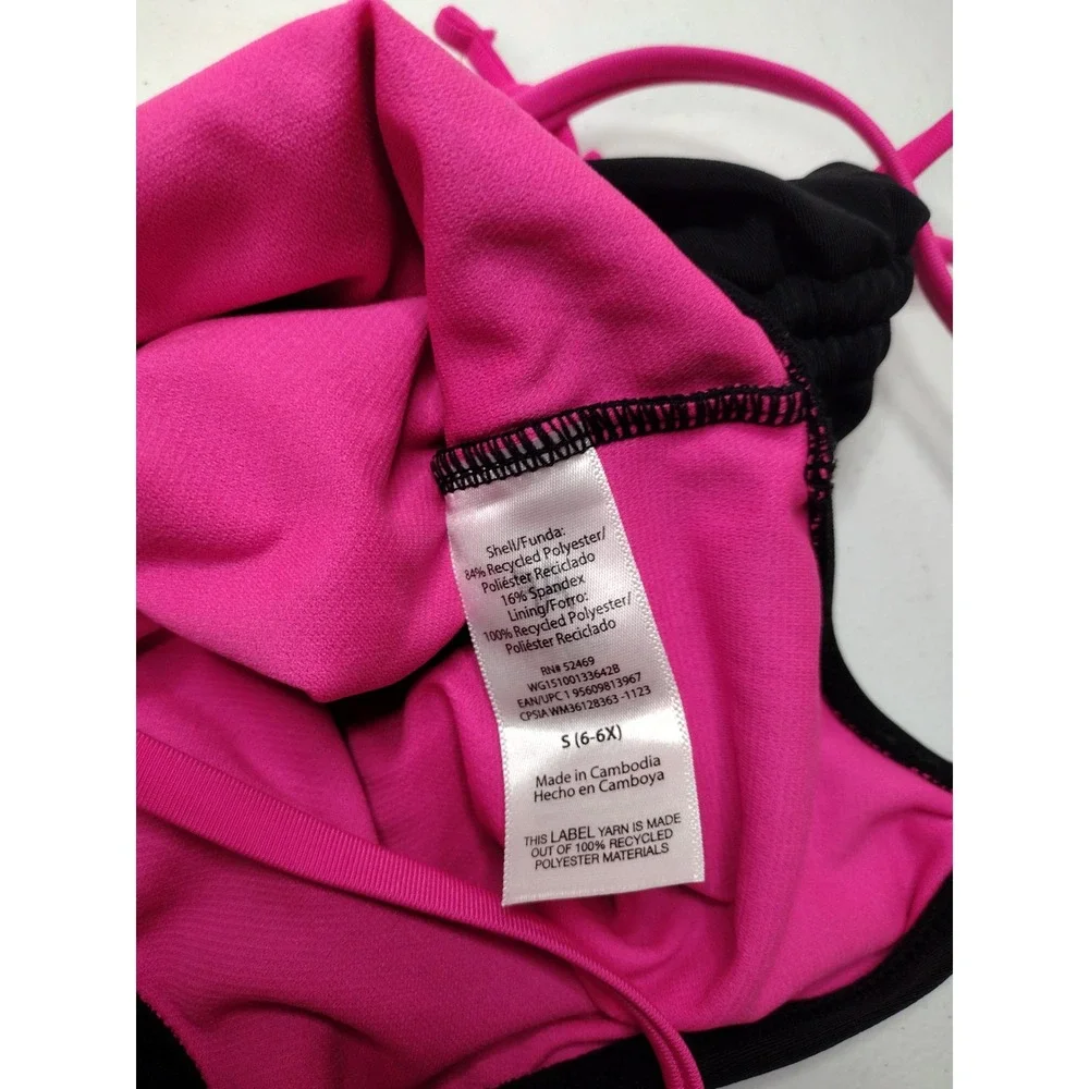 Wonder Nation Girls Black Hot Pink Cinch Side Tankini Swimsuit Set Size S 6-6X